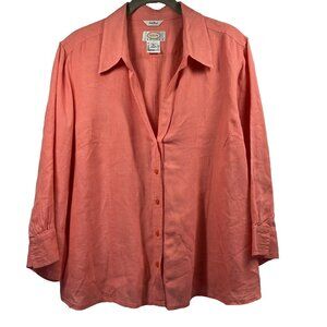 Talbots Women's Top Blouse XL 100% Irish Linen Solid Orange 3/4 Sleeve Button Up